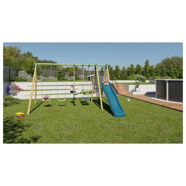 Portique balançoire bois / métal - 6 agres avec toboggan - KAHUNA 2 - ALEO BY TRIGANO Portique balançoire bois / métal - 6 agres avec toboggan - KAHUNA 2 - ALEO BY TRIGANO