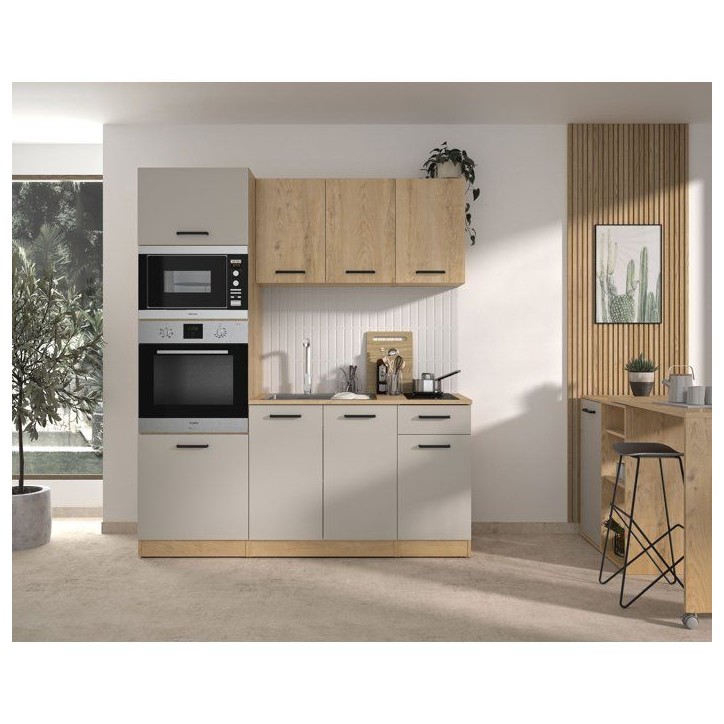 ALPAGA - Cuisine complete - Chene silva / Grege - 180 x 60/31 x 211 cm - Avec colonne four et plan de travail - GAMI ALPAGA - Cuisine complete - Chene silva / Grege - 180 x 60/31 x 211 cm - Avec colonne four et plan de travail - GAMI