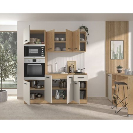 ALPAGA - Cuisine complete - Chene silva / Grege - 180 x 60/31 x 211 cm - Avec colonne four et plan de travail - GAMI