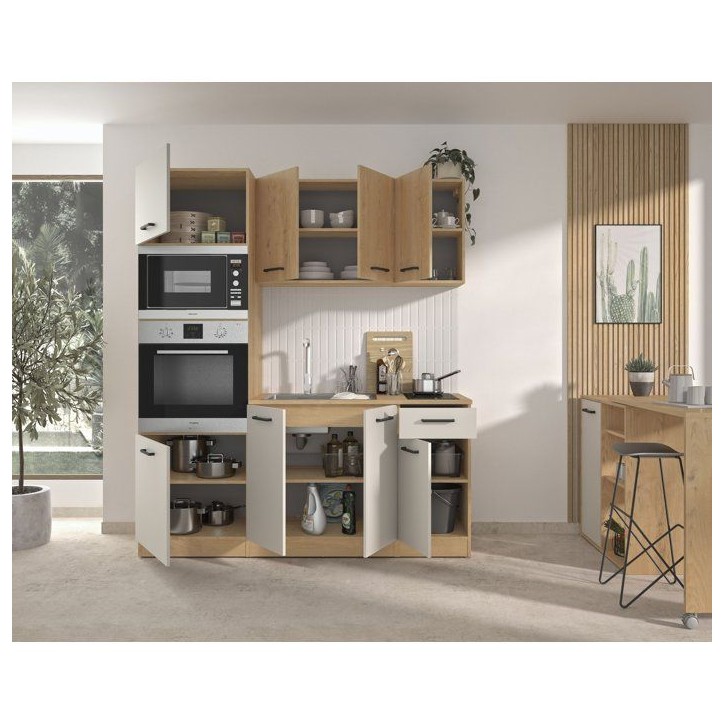ALPAGA - Cuisine complete - Chene silva / Grege - 180 x 60/31 x 211 cm - Avec colonne four et plan de travail - GAMI ALPAGA - Cuisine complete - Chene silva / Grege - 180 x 60/31 x 211 cm - Avec colonne four et plan de travail - GAMI