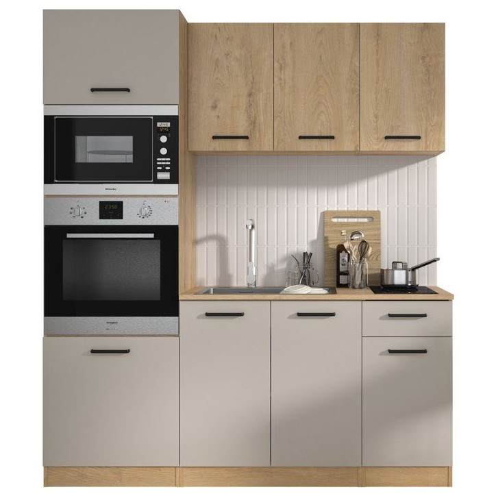 ALPAGA - Cuisine complete - Chene silva / Grege - 180 x 60/31 x 211 cm - Avec colonne four et plan de travail - GAMI ALPAGA - Cuisine complete - Chene silva / Grege - 180 x 60/31 x 211 cm - Avec colonne four et plan de travail - GAMI
