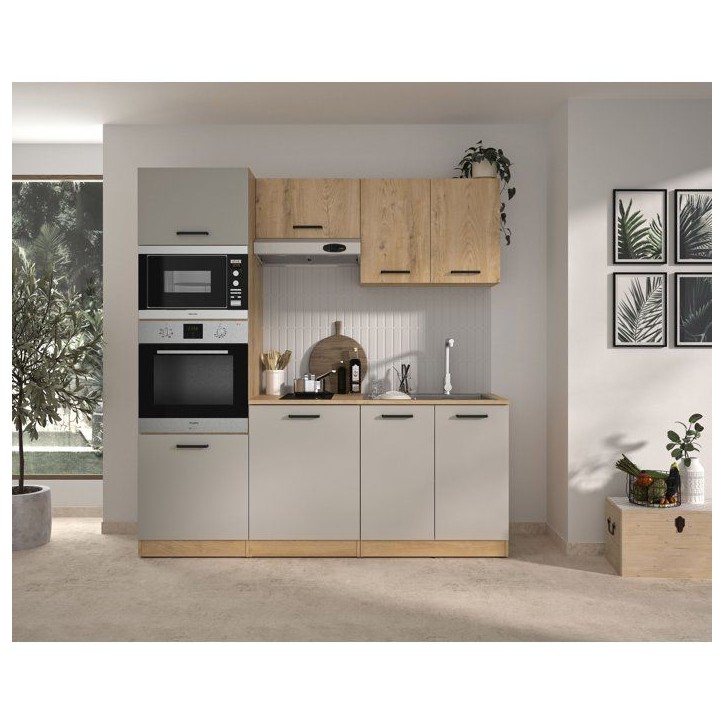 ALPAGA - Cuisine complete - Chene silva / Grege - 200 x 60/31 x 211 cm - Avec colonne four et plan de travail - GAMI ALPAGA - Cuisine complete - Chene silva / Grege - 200 x 60/31 x 211 cm - Avec colonne four et plan de travail - GAMI