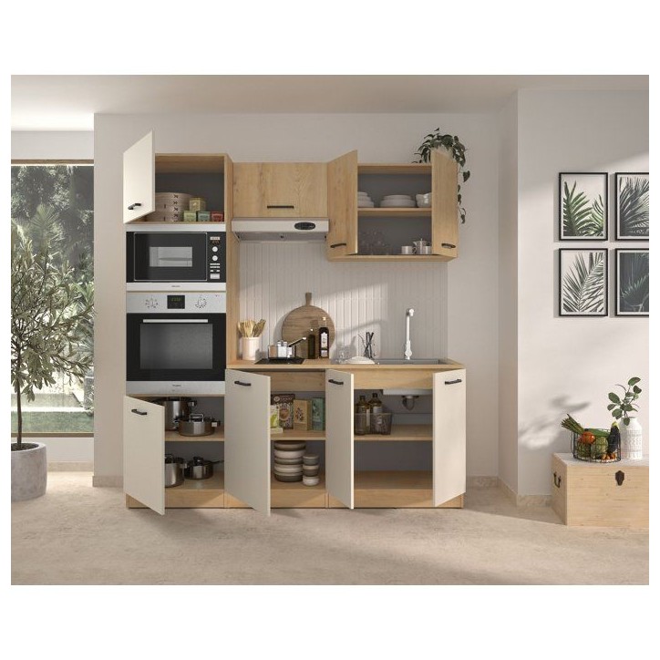 ALPAGA - Cuisine complete - Chene silva / Grege - 200 x 60/31 x 211 cm - Avec colonne four et plan de travail - GAMI ALPAGA - Cuisine complete - Chene silva / Grege - 200 x 60/31 x 211 cm - Avec colonne four et plan de travail - GAMI