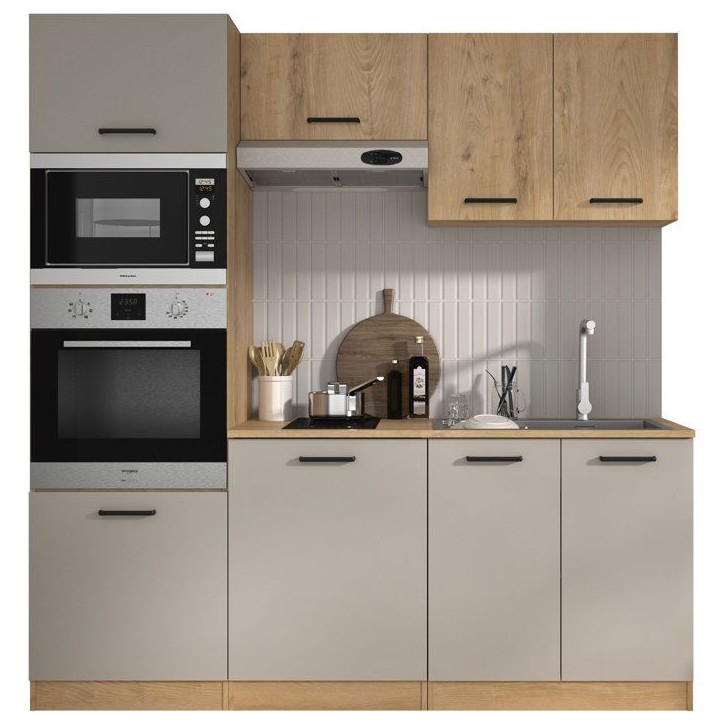 ALPAGA - Cuisine complete - Chene silva / Grege - 200 x 60/31 x 211 cm - Avec colonne four et plan de travail - GAMI ALPAGA - Cuisine complete - Chene silva / Grege - 200 x 60/31 x 211 cm - Avec colonne four et plan de travail - GAMI