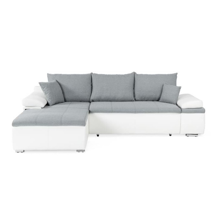 Canapé d'angle réversible convertible 3 places+Coffre - Simili blanc et tissu gris - CELINA - L 274 x P 184 cm - Fabriqué en Canapé d'angle réversible convertible 3 places+Coffre - Simili blanc et tissu gris - CELINA - L 274 x P 184 cm - Fabriqué en