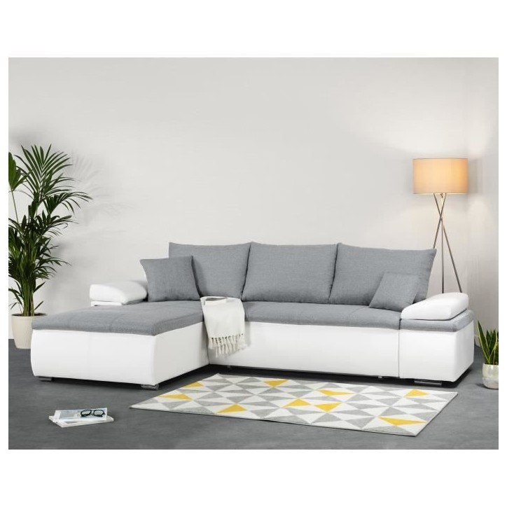Canapé d'angle réversible convertible 3 places+Coffre - Simili blanc et tissu gris - CELINA - L 274 x P 184 cm - Fabriqué en Canapé d'angle réversible convertible 3 places+Coffre - Simili blanc et tissu gris - CELINA - L 274 x P 184 cm - Fabriqué en
