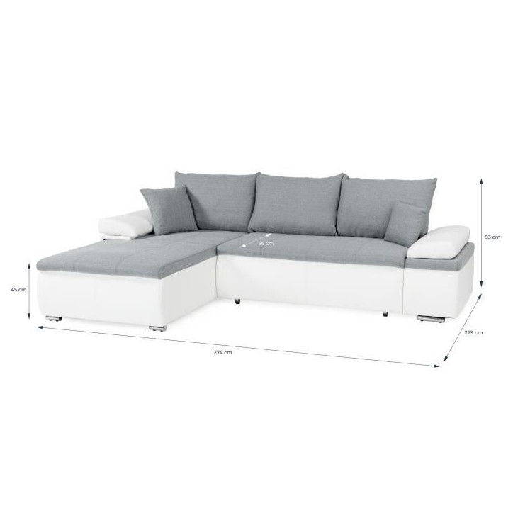 Canapé d'angle réversible convertible 3 places+Coffre - Simili blanc et tissu gris - CELINA - L 274 x P 184 cm - Fabriqué en Canapé d'angle réversible convertible 3 places+Coffre - Simili blanc et tissu gris - CELINA - L 274 x P 184 cm - Fabriqué en