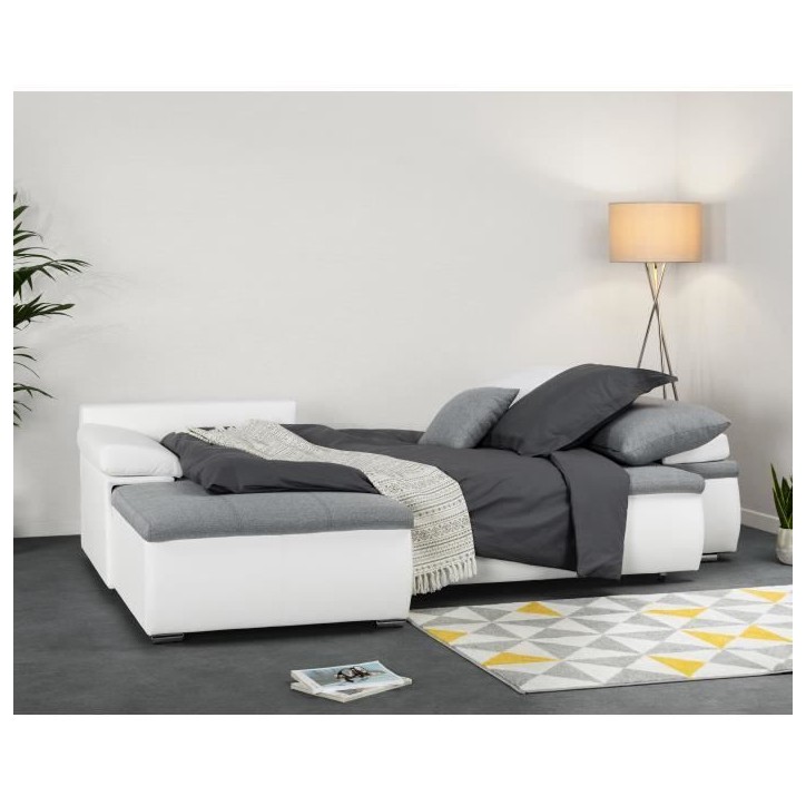 Canapé d'angle réversible convertible 3 places+Coffre - Simili blanc et tissu gris - CELINA - L 274 x P 184 cm - Fabriqué en Canapé d'angle réversible convertible 3 places+Coffre - Simili blanc et tissu gris - CELINA - L 274 x P 184 cm - Fabriqué en