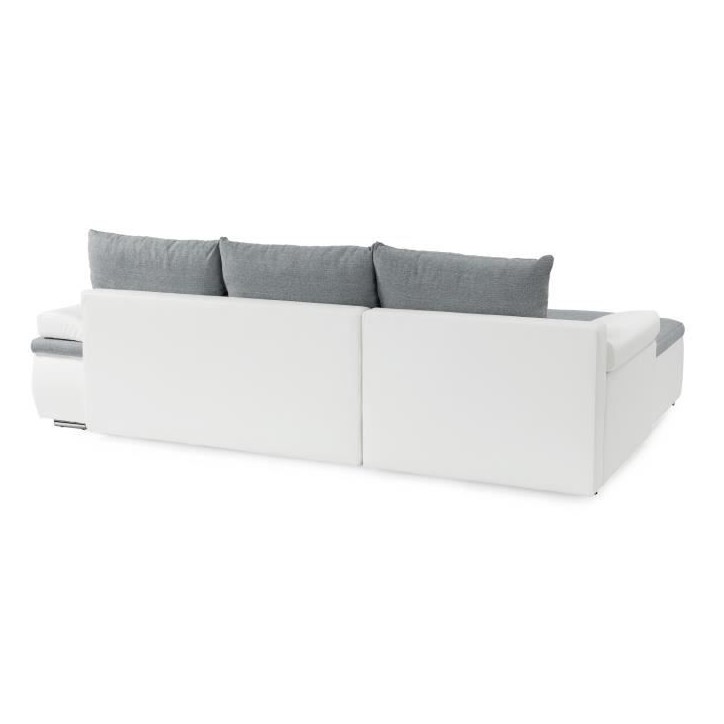 Canapé d'angle réversible convertible 3 places+Coffre - Simili blanc et tissu gris - CELINA - L 274 x P 184 cm - Fabriqué en Canapé d'angle réversible convertible 3 places+Coffre - Simili blanc et tissu gris - CELINA - L 274 x P 184 cm - Fabriqué en