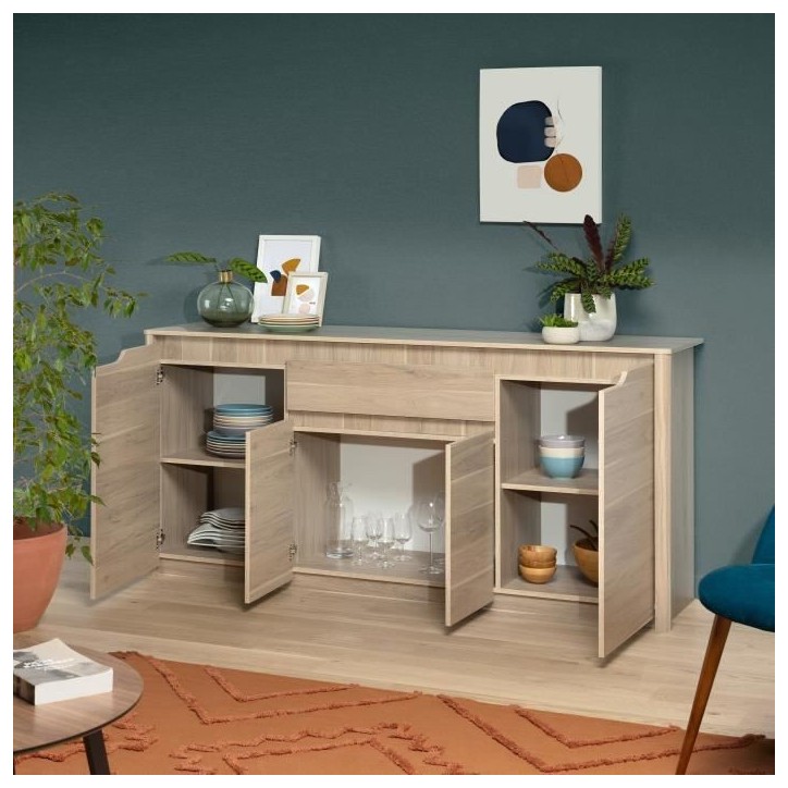 Buffet bas - Panneaux de particules - Décor chene dakota - 4 portes + 1 tiroir - Betty - L 185 x P 46 x H 85,5 cm