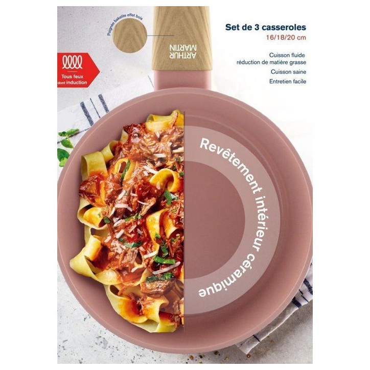 Set de 3 casseroles - Tous feux dont induction - ARTHUR MARTIN - AM0702 - Revetement céramique - Ø 16-18-20 cm - Rose Set de 3 casseroles - Tous feux dont induction - ARTHUR MARTIN - AM0702 - Revetement céramique - Ø 16-18-20 cm - Rose
