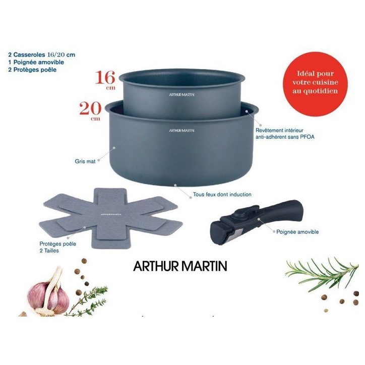Set de 2 casseroles - Tous feux dont induction - ARTHUR MARTIN - AM2984 - Anti-adhésif - Ø 16-20 cm + Poignée amovible - Gris Set de 2 casseroles - Tous feux dont induction - ARTHUR MARTIN - AM2984 - Anti-adhésif - Ø 16-20 cm + Poignée amovible - Gris