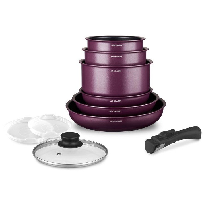 Batterie de cuisine - Tous feux dont induction - ARTHUR MARTIN - AM2991 - Aluminium revetement anti-adhésif - 10 pieces - Prune Batterie de cuisine - Tous feux dont induction - ARTHUR MARTIN - AM2991 - Aluminium revetement anti-adhésif - 10 pieces - Prune