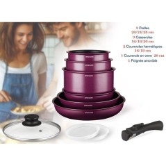 Batterie de cuisine - Tous feux dont induction - ARTHUR MARTIN - AM2991 - Aluminium revetement anti-adhésif - 10 pieces - Prune