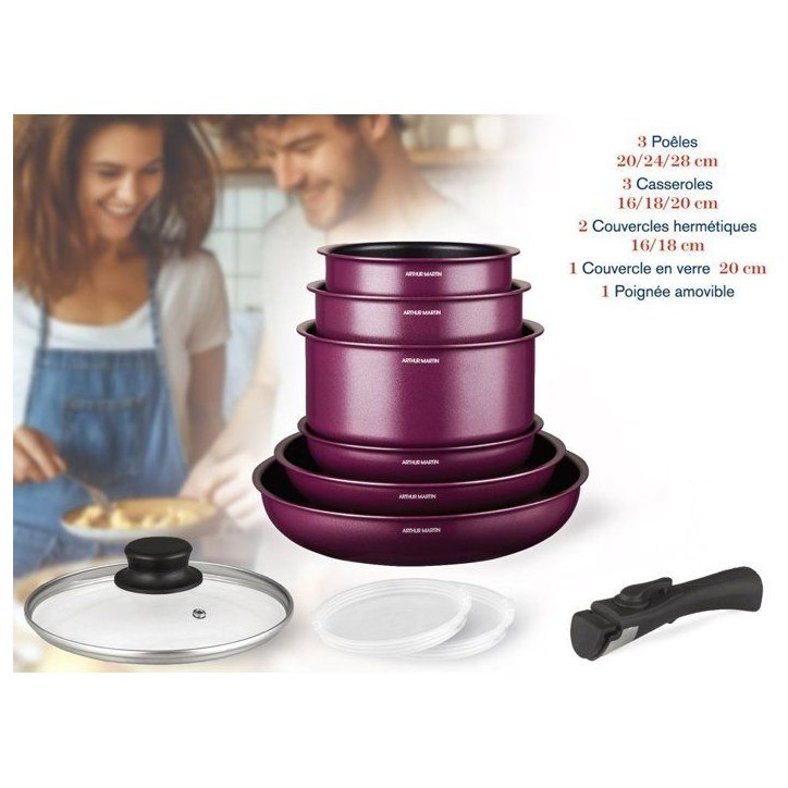 Batterie de cuisine - Tous feux dont induction - ARTHUR MARTIN - AM2991 - Aluminium revetement anti-adhésif - 10 pieces - Prune Batterie de cuisine - Tous feux dont induction - ARTHUR MARTIN - AM2991 - Aluminium revetement anti-adhésif - 10 pieces - Prune