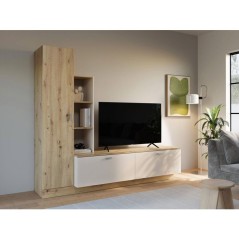 Meuble TV avec Paroi ARYSTARCH - Sable & Chene - 1 porte + 2 abattants