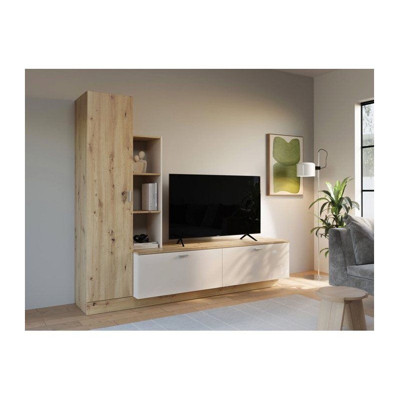 Meuble TV avec Paroi ARYSTARCH - Sable & Chene - 1 porte + 2 abattants