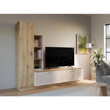 Meuble TV avec Paroi ARYSTARCH - Sable & Chene - 1 porte + 2 abattants