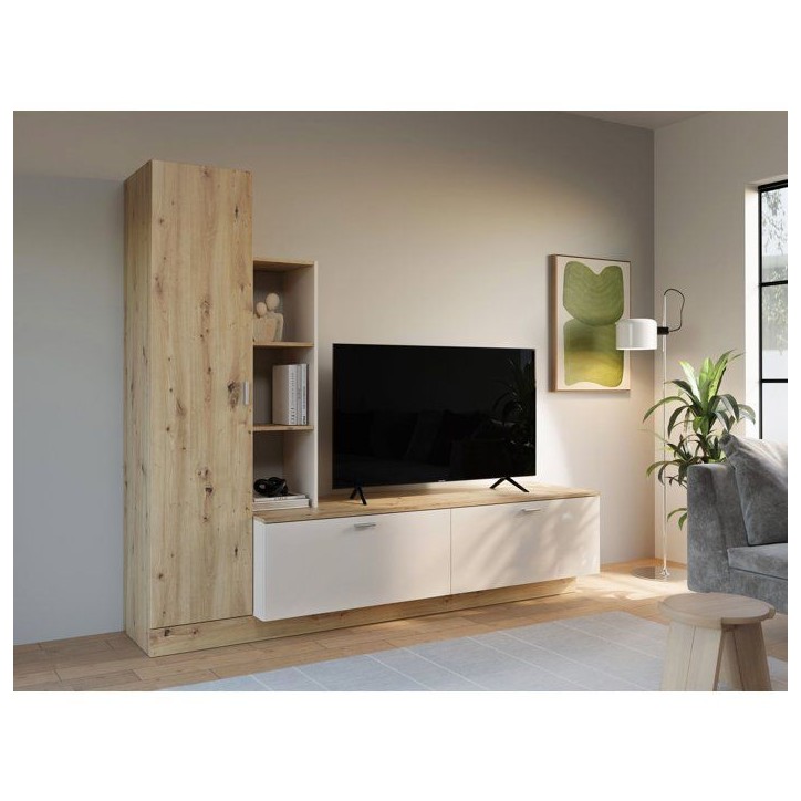 Meuble TV avec Paroi ARYSTARCH - Sable & Chene - 1 porte + 2 abattants + 3 étageres - 209,2 x 52 x 182,3 cm Meuble TV avec Paroi ARYSTARCH - Sable & Chene - 1 porte + 2 abattants + 3 étageres - 209,2 x 52 x 182,3 cm