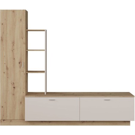 Meuble TV avec Paroi ARYSTARCH - Sable & Chene - 1 porte + 2 abattants + 3 étageres - 209,2 x 52 x 182,3 cm