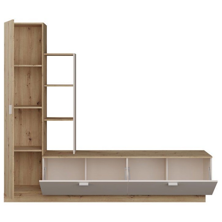 Meuble TV avec Paroi ARYSTARCH - Sable & Chene - 1 porte + 2 abattants + 3 étageres - 209,2 x 52 x 182,3 cm Meuble TV avec Paroi ARYSTARCH - Sable & Chene - 1 porte + 2 abattants + 3 étageres - 209,2 x 52 x 182,3 cm