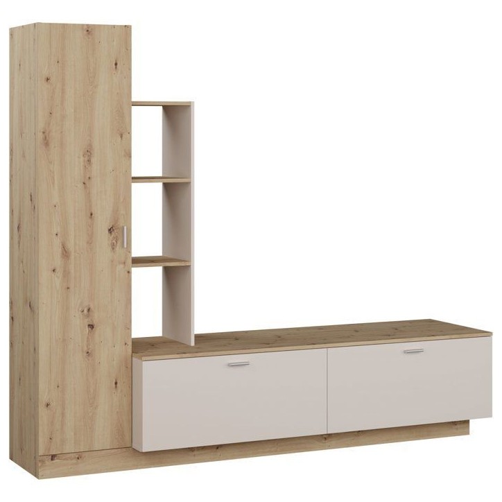 Meuble TV avec Paroi ARYSTARCH - Sable & Chene - 1 porte + 2 abattants + 3 étageres - 209,2 x 52 x 182,3 cm Meuble TV avec Paroi ARYSTARCH - Sable & Chene - 1 porte + 2 abattants + 3 étageres - 209,2 x 52 x 182,3 cm