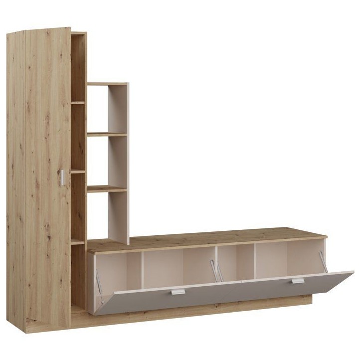 Meuble TV avec Paroi ARYSTARCH - Sable & Chene - 1 porte + 2 abattants + 3 étageres - 209,2 x 52 x 182,3 cm Meuble TV avec Paroi ARYSTARCH - Sable & Chene - 1 porte + 2 abattants + 3 étageres - 209,2 x 52 x 182,3 cm