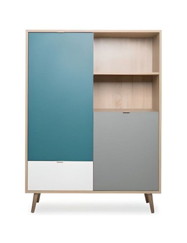 Buffet haut - Chene Sonoma, blanc, gris et bleu - Style scandinave - CUBA - L 103 x P 40 x H 139 cm