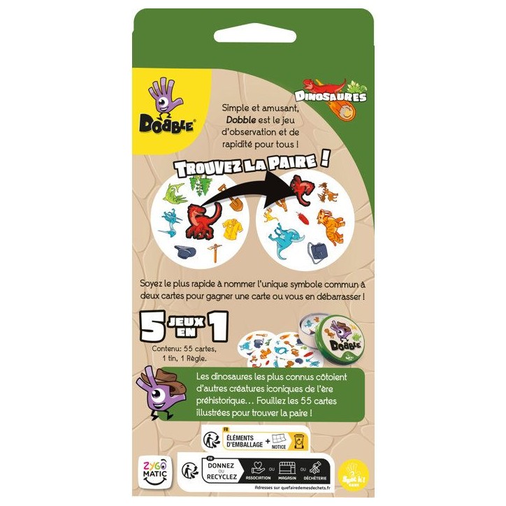 Jeu Dobble Dinosaures - Jeu d'observation et rapidité - Des 4 ans - 2 a 8 joueurs - 15 min - Best-seller famille - Zygomatic Jeu Dobble Dinosaures - Jeu d'observation et rapidité - Des 4 ans - 2 a 8 joueurs - 15 min - Best-seller famille - Zygomatic