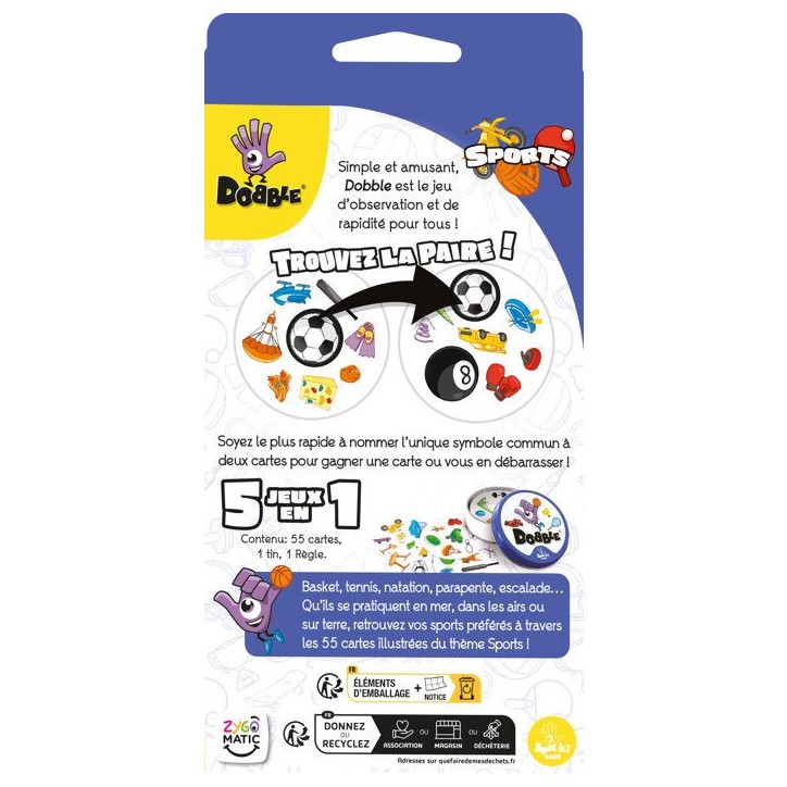 ZYGOMATIC Jeu Dobble Sports - Jeu d'observation et réflexes - En famille - entre amis - Des 6 ans - 2 a 8 joueurs - boîte mét ZYGOMATIC Jeu Dobble Sports - Jeu d'observation et réflexes - En famille - entre amis - Des 6 ans - 2 a 8 joueurs - boîte mét