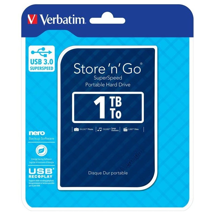 Disque dur externe - VERBATIM - Store'n'go - 1To - Bleu Disque dur externe - VERBATIM - Store'n'go - 1To - Bleu