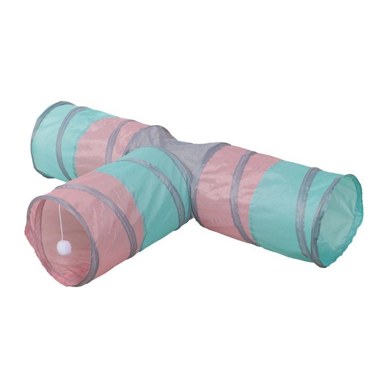 Tunnel pour chat - KERBL - Triangle - Turquoise/rose/gris - 80 × 50