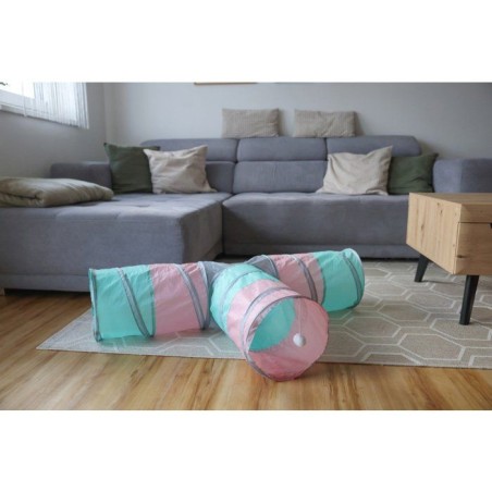 Tunnel pour chat - KERBL - Triangle - Turquoise/rose/gris - 80 × 50 × Ø 25 cm