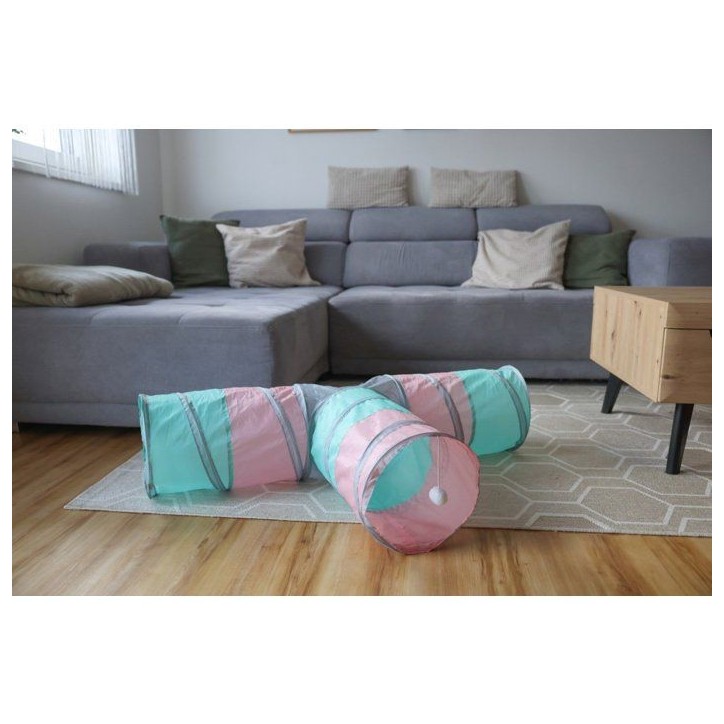 Tunnel pour chat - KERBL - Triangle - Turquoise/rose/gris - 80 × 50 × Ø 25 cm Tunnel pour chat - KERBL - Triangle - Turquoise/rose/gris - 80 × 50 × Ø 25 cm