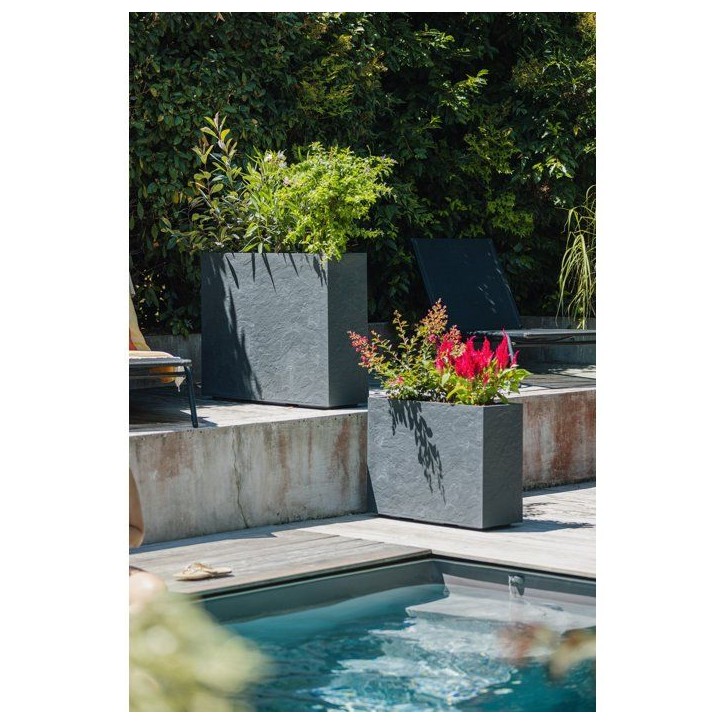 Jardiniere Muret Loft L - EDA - Volcania - 46 L - Intérieur/Extérieur - Décor Pierre - 78,5 x 29,5 x H. 60 cm - Gris Anthraci