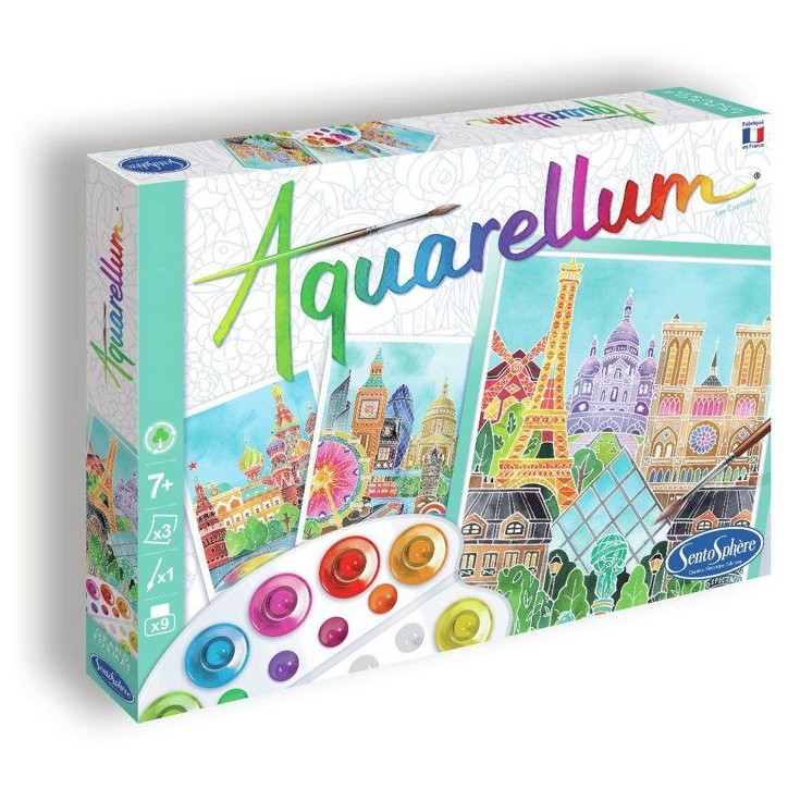 Peinture aquerelle - SENTOSPHERE - Aquarellum - Capitales - 9 couleurs - 3 tableaux - Sertissage sur papier Vélin - Des 7 ans Peinture aquerelle - SENTOSPHERE - Aquarellum - Capitales - 9 couleurs - 3 tableaux - Sertissage sur papier Vélin - Des 7 ans