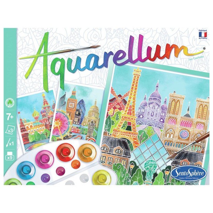 Peinture aquerelle - SENTOSPHERE - Aquarellum - Capitales - 9 couleurs - 3 tableaux - Sertissage sur papier Vélin - Des 7 ans Peinture aquerelle - SENTOSPHERE - Aquarellum - Capitales - 9 couleurs - 3 tableaux - Sertissage sur papier Vélin - Des 7 ans