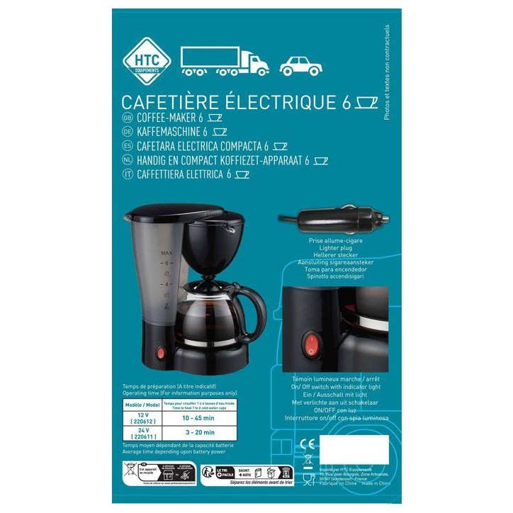 Cafetiere 12V - HTC EQUIPEMENTS- 5/6 tasses - Puissance 170W Cafetiere 12V - HTC EQUIPEMENTS- 5/6 tasses - Puissance 170W