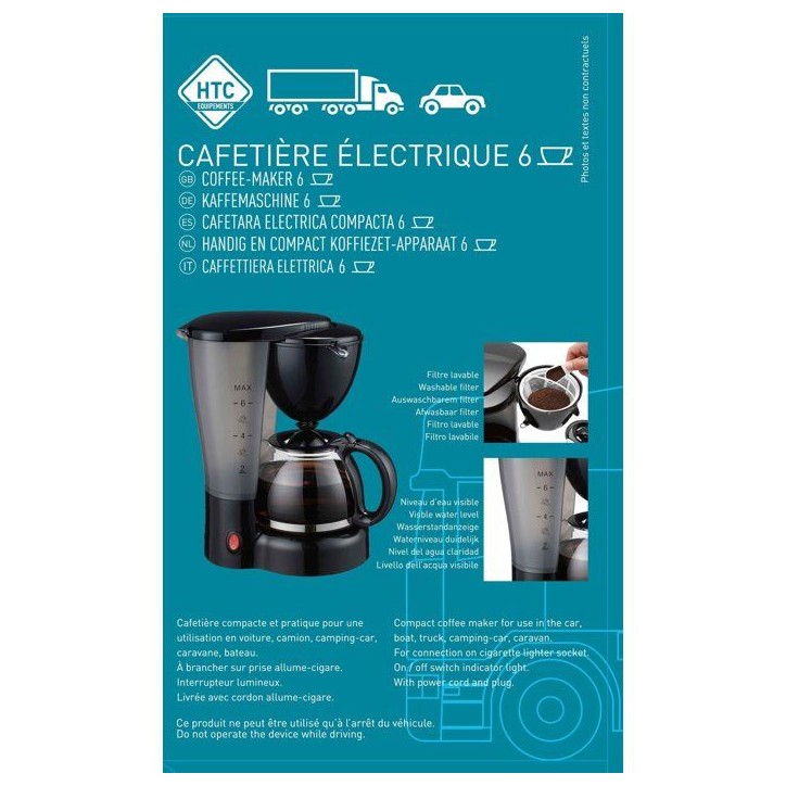 Cafetiere 12V - HTC EQUIPEMENTS- 5/6 tasses - Puissance 170W Cafetiere 12V - HTC EQUIPEMENTS- 5/6 tasses - Puissance 170W