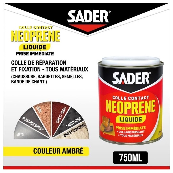 Colle contact néoprene liquide extra forte - SADER - Tous matériaux - Prise immédiate - Boîte 750 ml Colle contact néoprene liquide extra forte - SADER - Tous matériaux - Prise immédiate - Boîte 750 ml