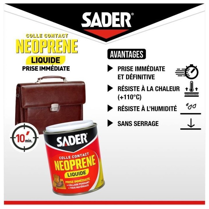 Colle contact néoprene liquide extra forte - SADER - Tous matériaux - Prise immédiate - Boîte 750 ml Colle contact néoprene liquide extra forte - SADER - Tous matériaux - Prise immédiate - Boîte 750 ml