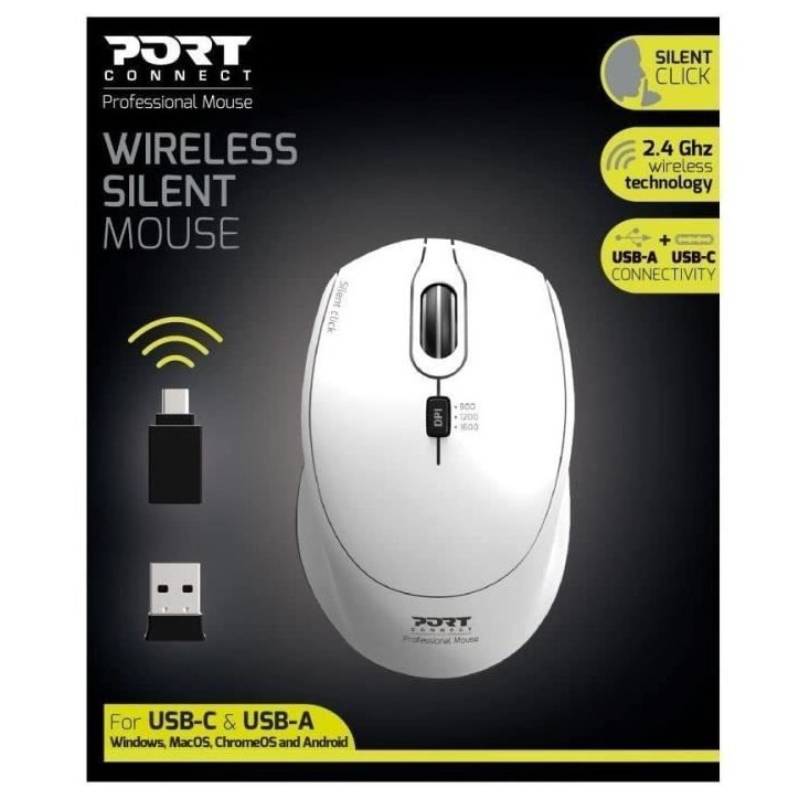 Souris optique sans fil - PORT DESIGNS - PORT Connect SILENT - 2.4 GHz - USB / USB-C - Blanc