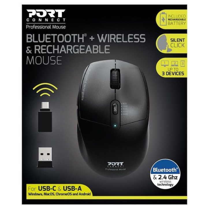Souris sans fil - PORT Designs - 900715 PRO - Bluetooth & 2.4 GHz - Rechargeable - Noir Souris sans fil - PORT Designs - 900715 PRO - Bluetooth & 2.4 GHz - Rechargeable - Noir