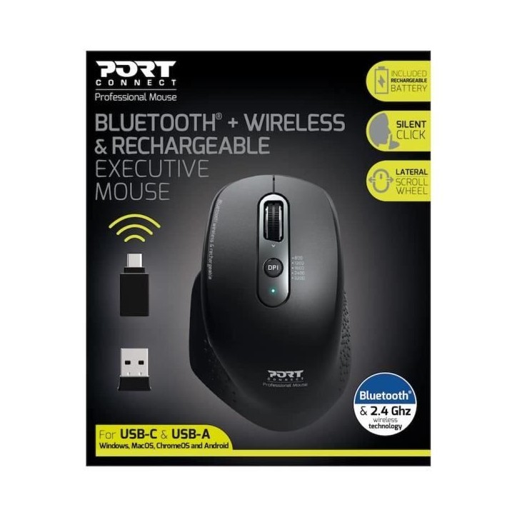 Souris sans fil - PORT DESIGNS - Bluetooth Office Executive rechargeable - 7 boutons - 3200 dpi Souris sans fil - PORT DESIGNS - Bluetooth Office Executive rechargeable - 7 boutons - 3200 dpi