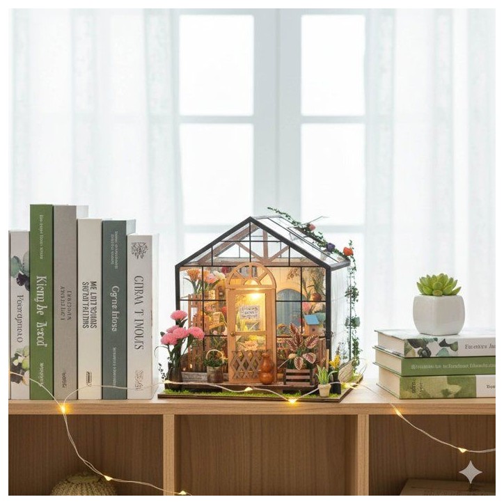 Book Nook - Kit DIY a construire Maquette 3D Serre Livre - Serre Fleurie Green Nook - 20 x 18 x 19 cm