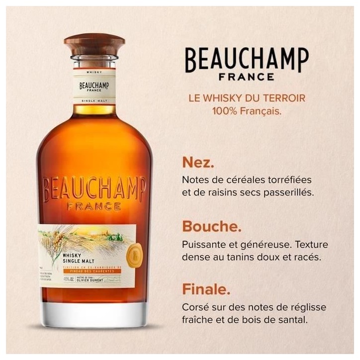BEAUCHAMP - Whisky Single Malt - Whisky Français Beauchamp - Origine : 100 % France - 46 % Alcool - Bouteille 70 cl BEAUCHAMP - Whisky Single Malt - Whisky Français Beauchamp - Origine : 100 % France - 46 % Alcool - Bouteille 70 cl