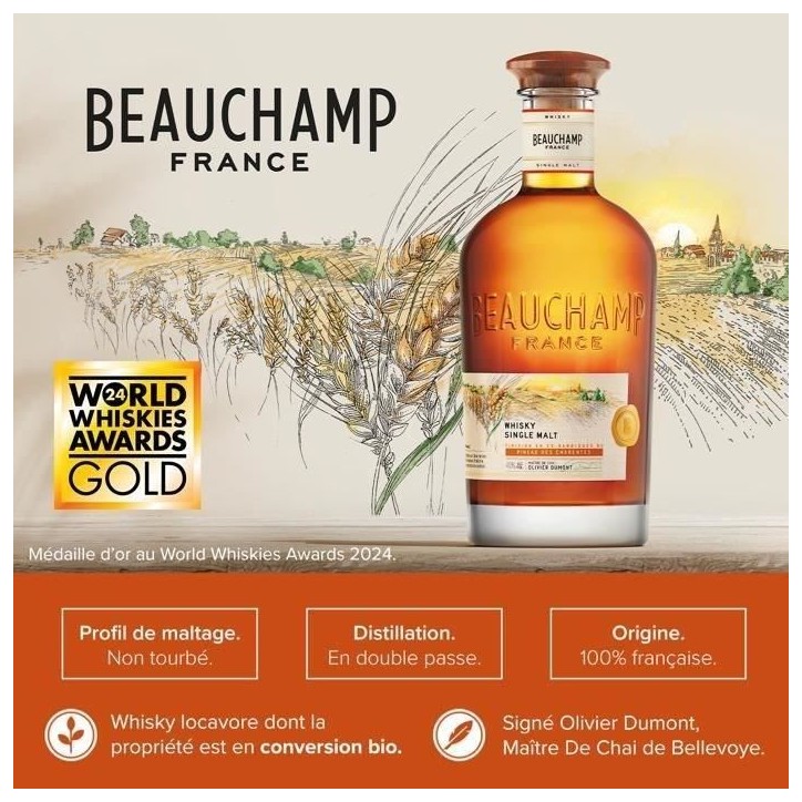 BEAUCHAMP - Whisky Single Malt - Whisky Français Beauchamp - Origine : 100 % France - 46 % Alcool - Bouteille 70 cl BEAUCHAMP - Whisky Single Malt - Whisky Français Beauchamp - Origine : 100 % France - 46 % Alcool - Bouteille 70 cl