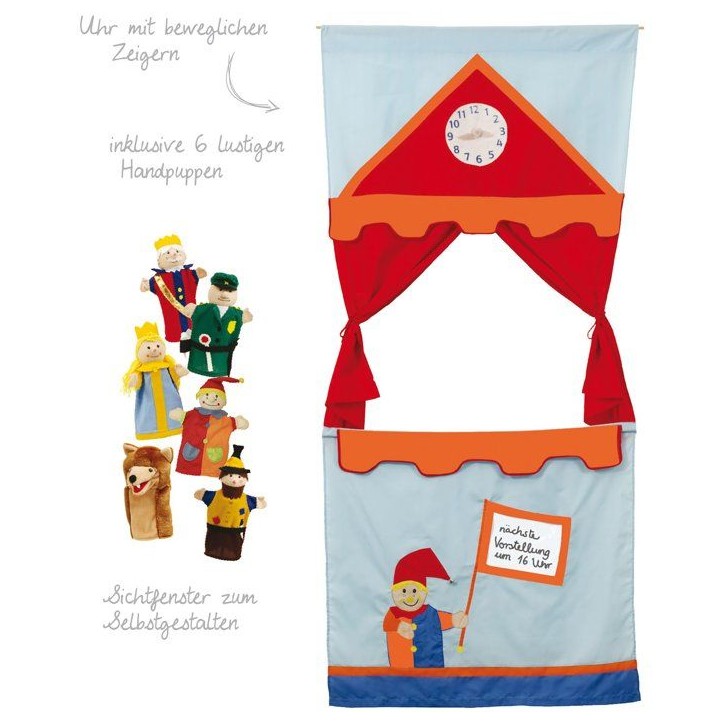 Castelet de marionnettes a suspendre - ROBA - Avec 6 marionnettes a main - Rouge / Ciel / Orange Castelet de marionnettes a suspendre - ROBA - Avec 6 marionnettes a main - Rouge / Ciel / Orange