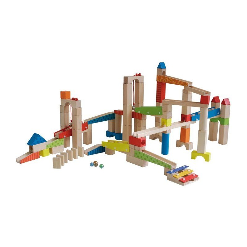 Circuit a billes en bois - ROBA - 20 billes en verre - 80 briques de c