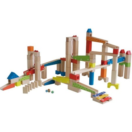 Circuit a billes en bois - ROBA - 20 billes en verre - 80 briques de c